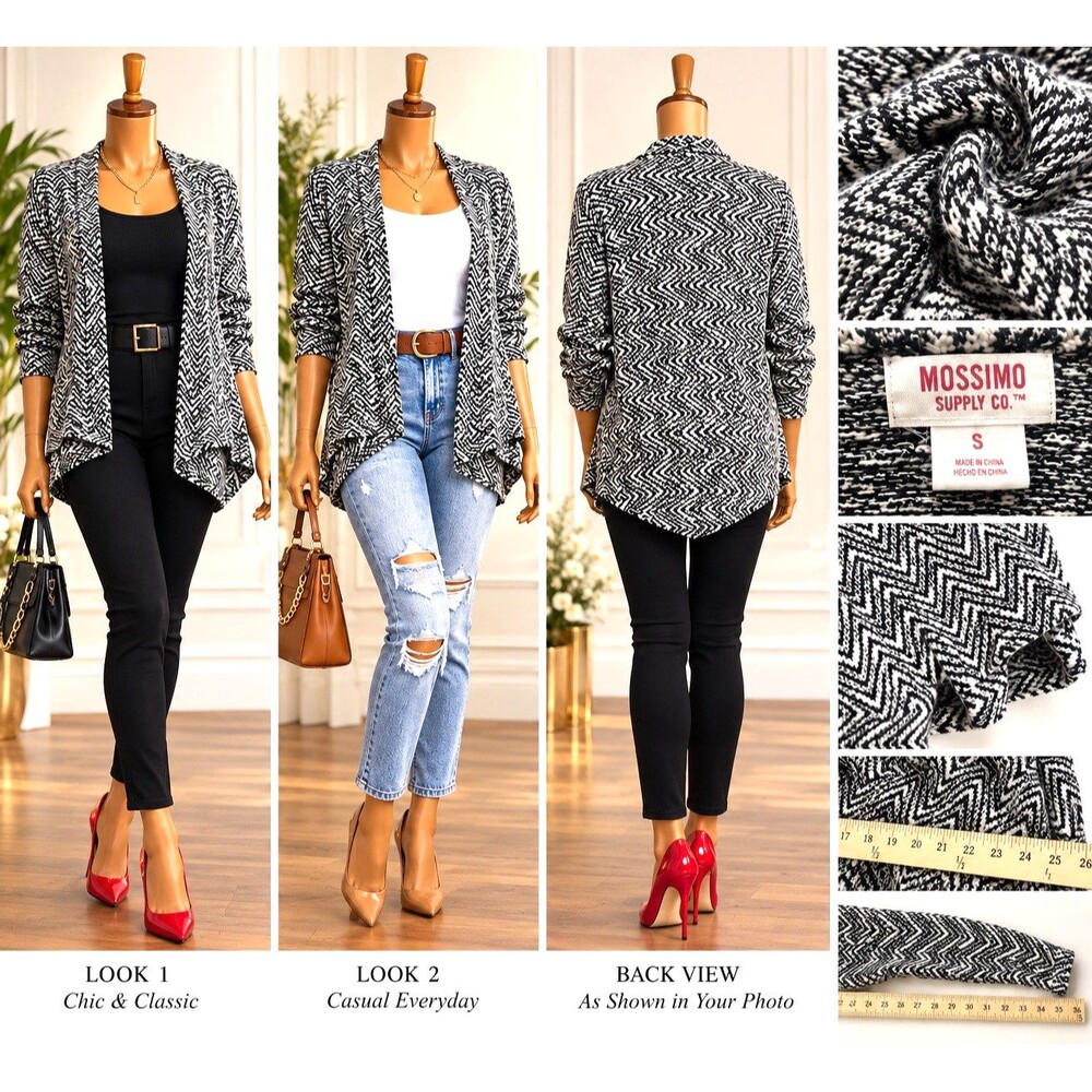 Mossimo Supply Co. Black & White Herringbone S Open-Front Cardigan Sweather